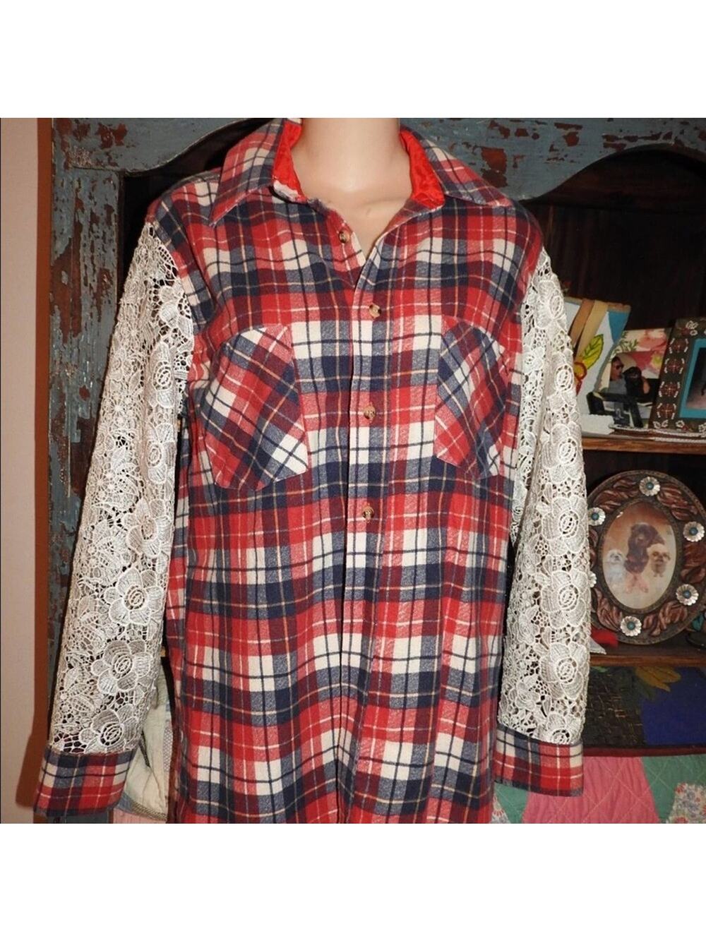 VINTAGE UNIQUE FLANNEL PLAID LACE SLEEVE SHIRT NWT FESTIVAL